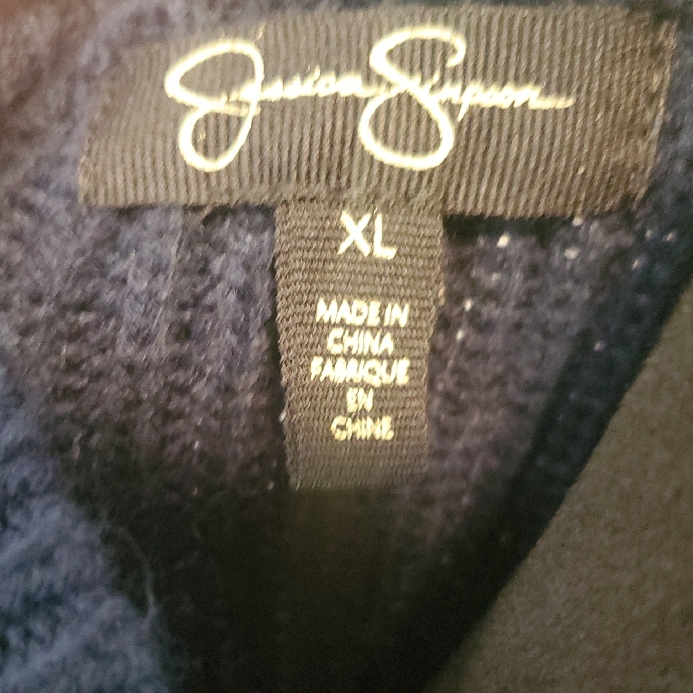 Jessica Simpson V-Neck Sweater in Navy with Plaid Sleeves - Picture 2 of 9